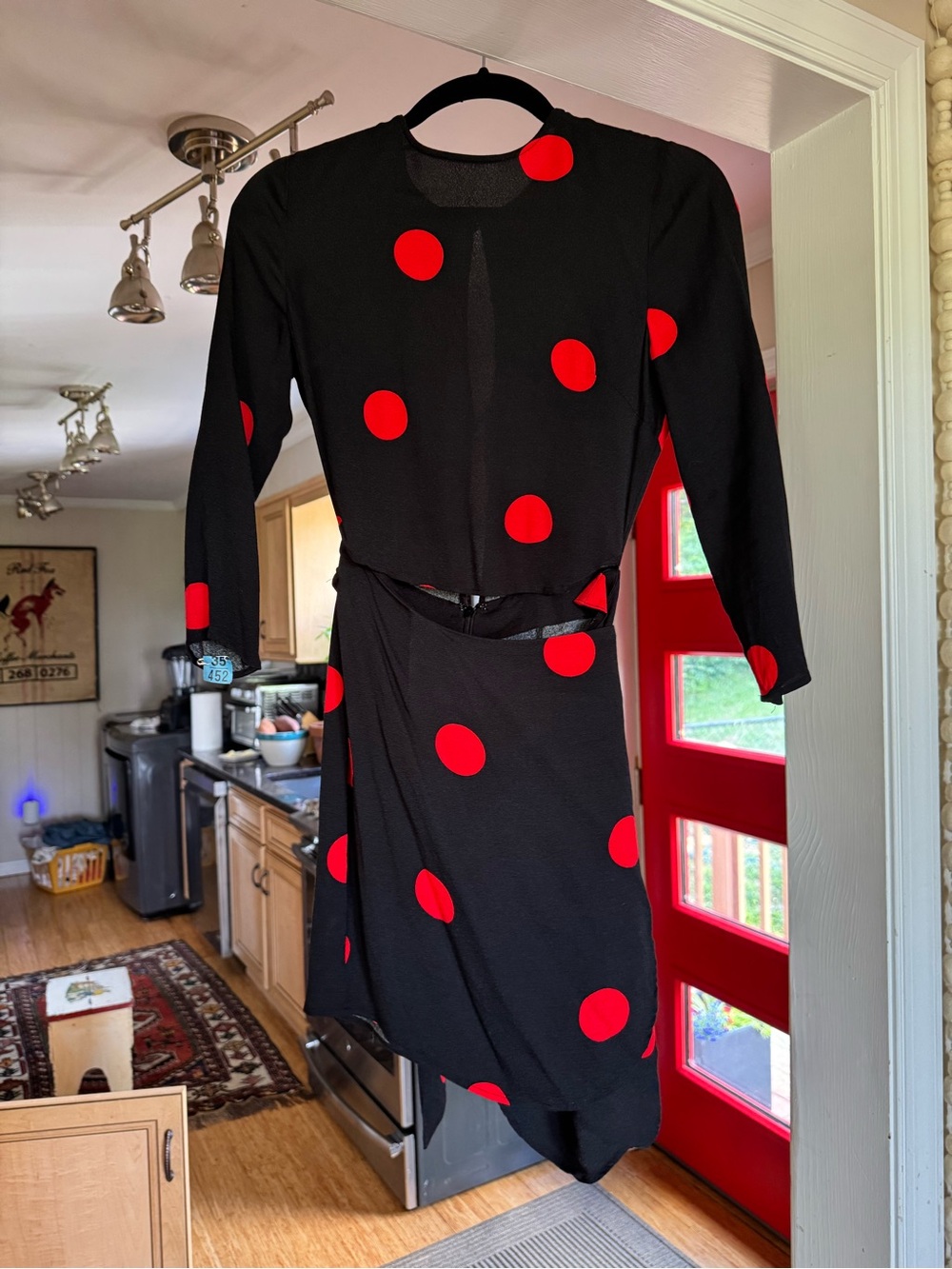 Reformation Janae Dress, Black and Red Polka Dot wrap dress
